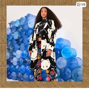 Farm Rio Smiley Black White Belted Long Cardigan - Teddy Texture - Size XL